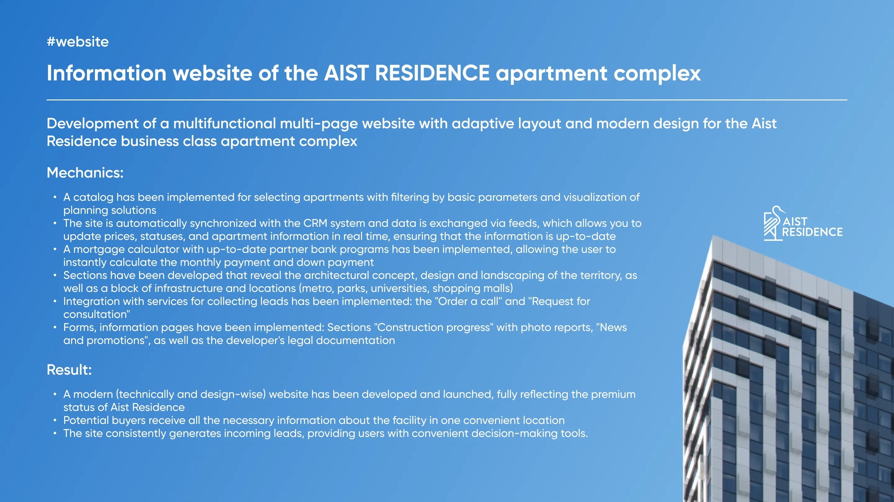 Presentation of the Aist Residence apartment complex website with a description of its features
