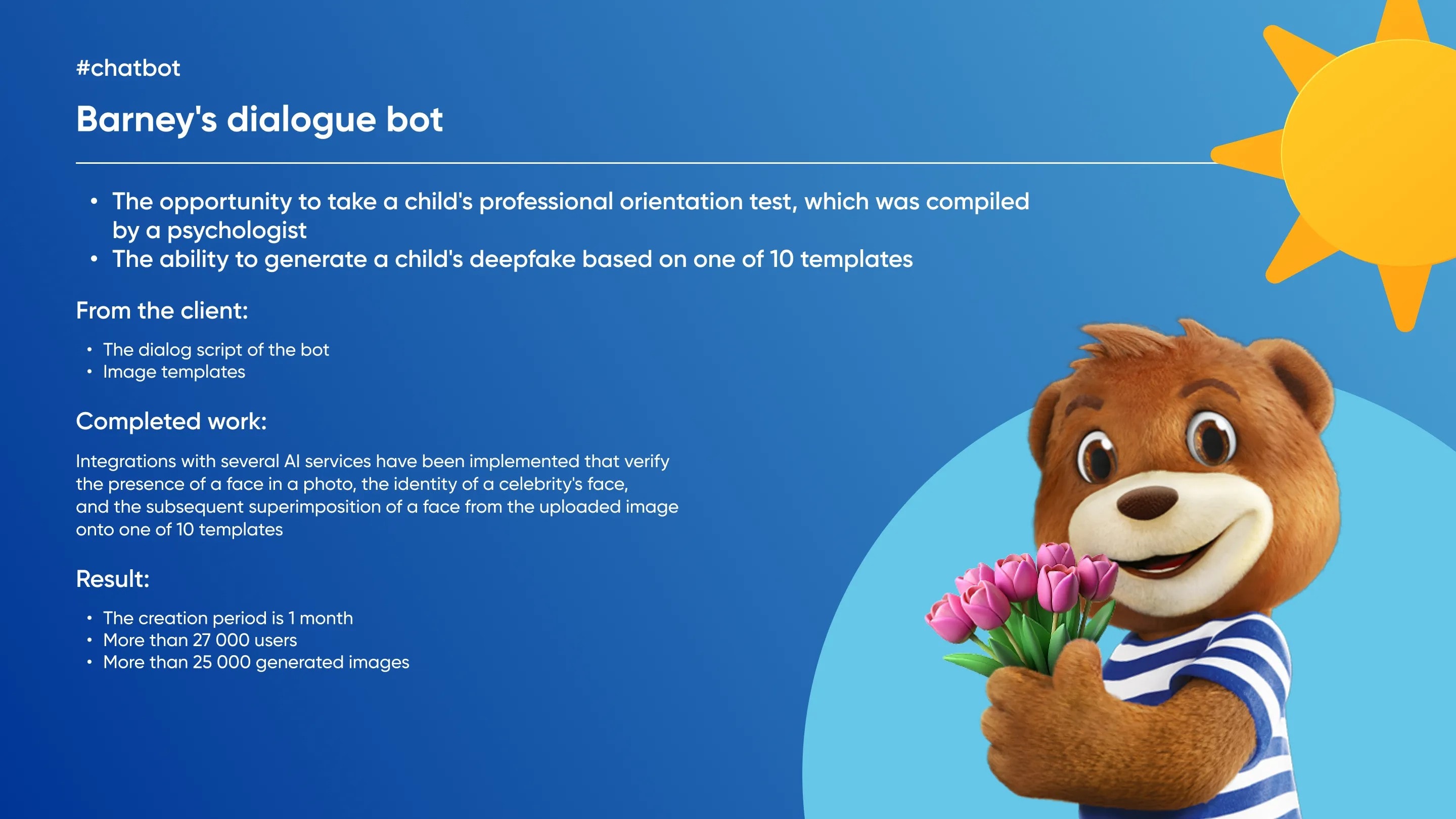 Barney the bear with tulips against the background of a chatbot description