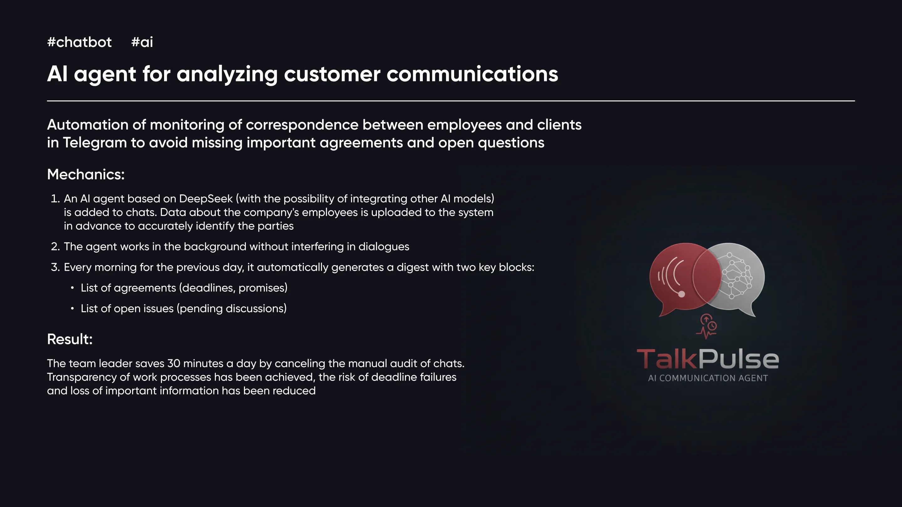 TalkPulse AI agent for analyzing communications in Telegram