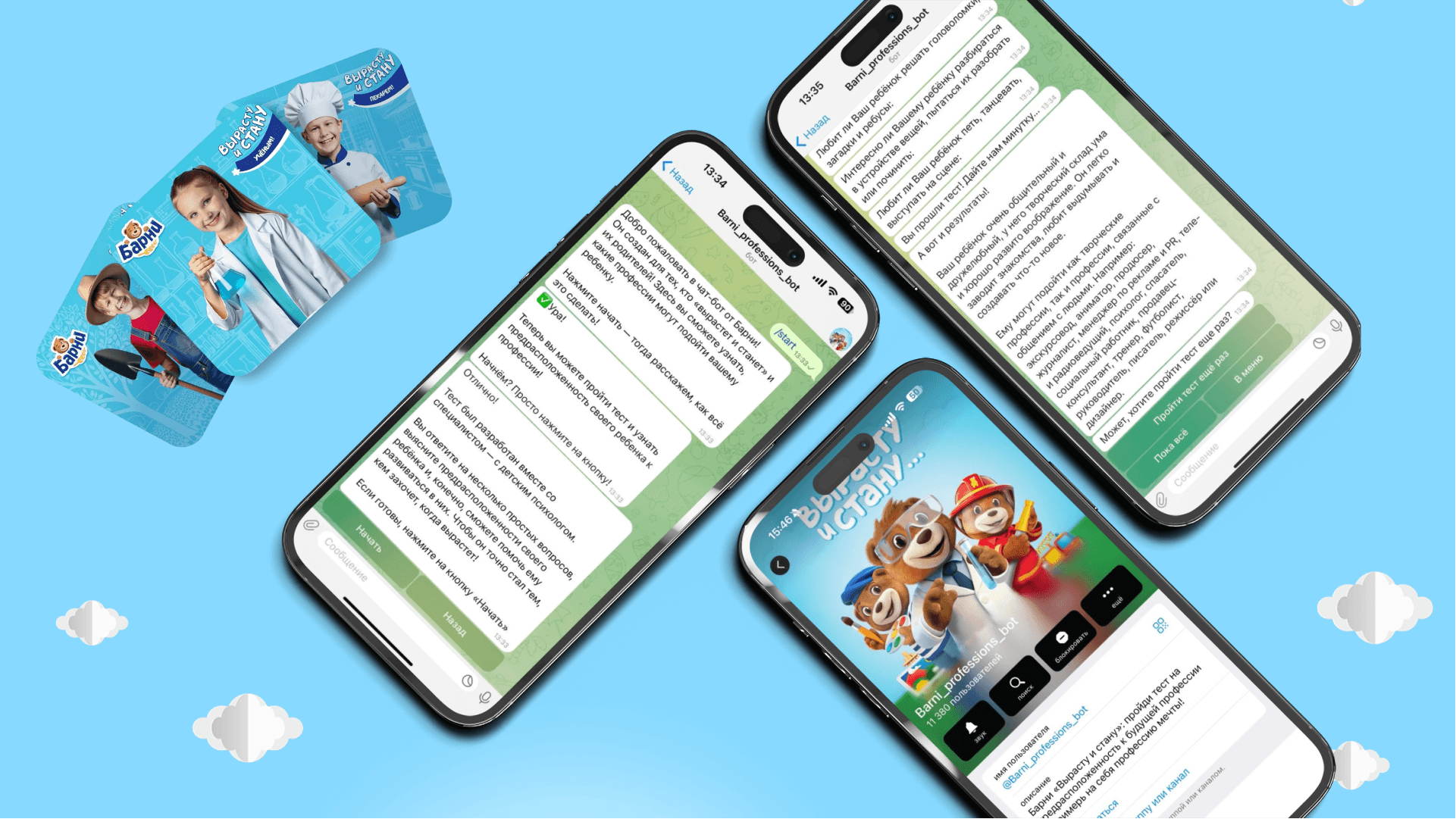 Smartphones with the Barney chatbot about children's professions on a blue background