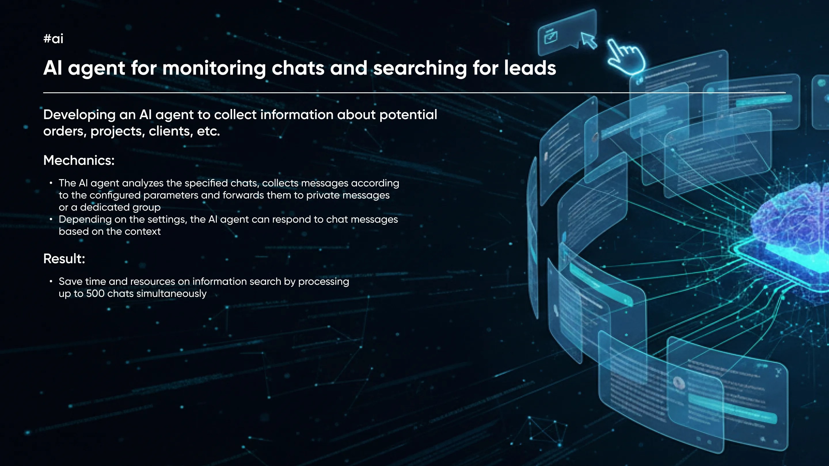 AI agent for chat monitoring with a holographic interface and a brain visualization