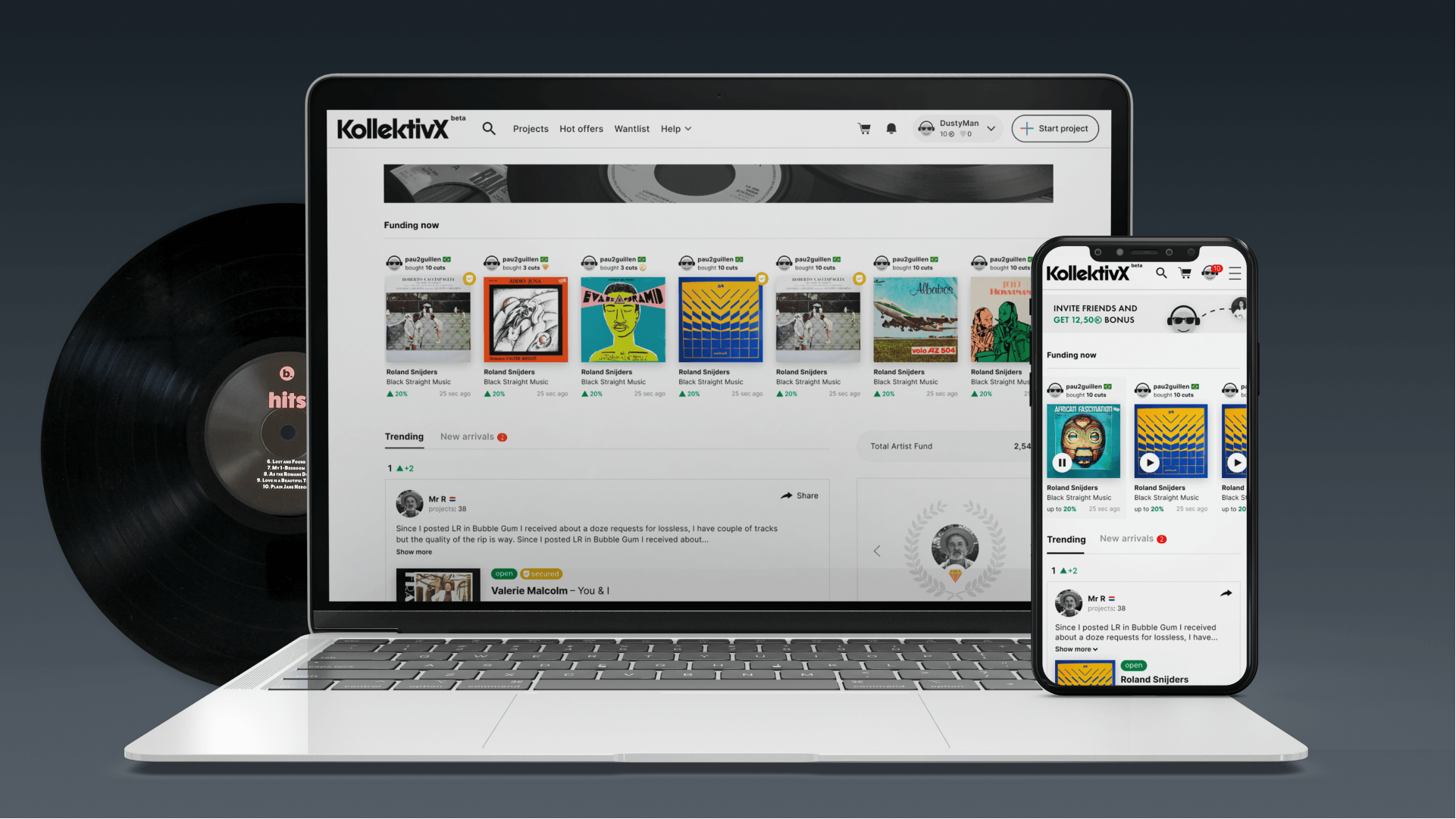 KollektivX platform on a laptop and smartphone with music projects