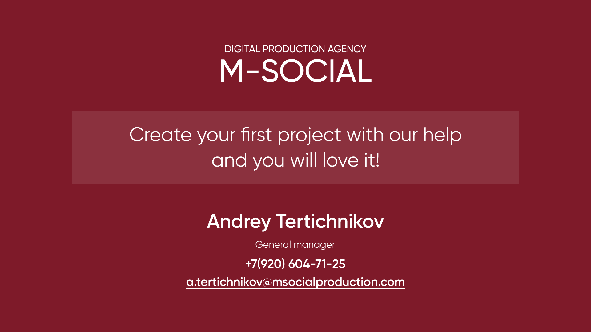 M-Social business card with contact details of CEO Andrey Tertichnikov