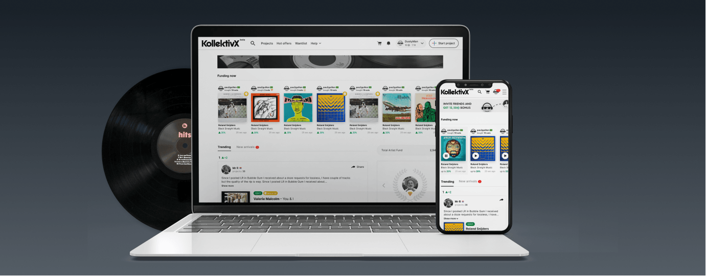 Платформа KollektivX на ноутбуке и смартфоне с виниловой пластинкой